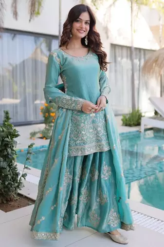 Blue designer embroidered sharara set