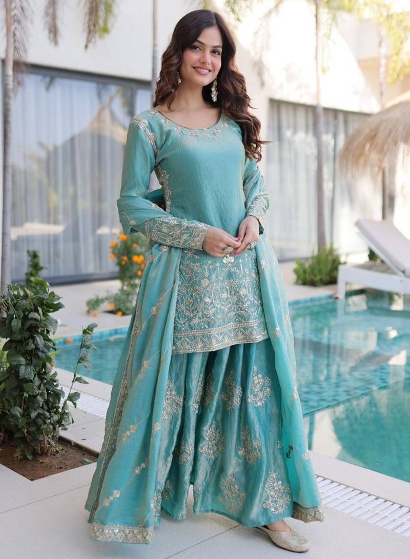 Blue designer embroidered sharara set