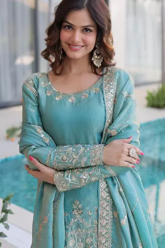 Blue designer embroidered sharara set