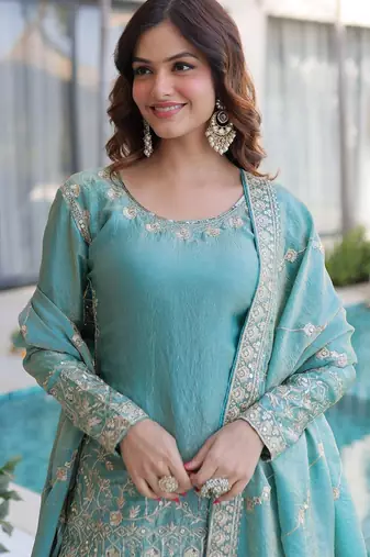 Blue designer embroidered sharara set