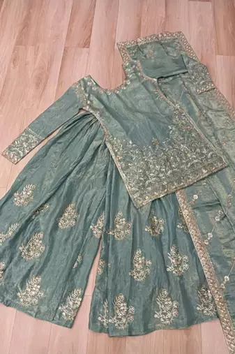 Blue olive dual tone designer embroidered sharara set