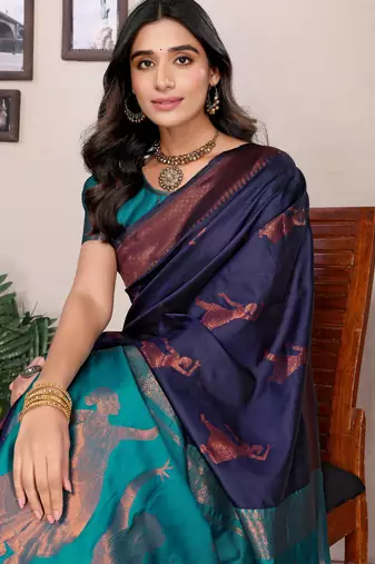 Navy blue silk blend banarasi saree with blouse