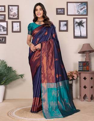 Navy blue silk blend banarasi saree with blouse 1