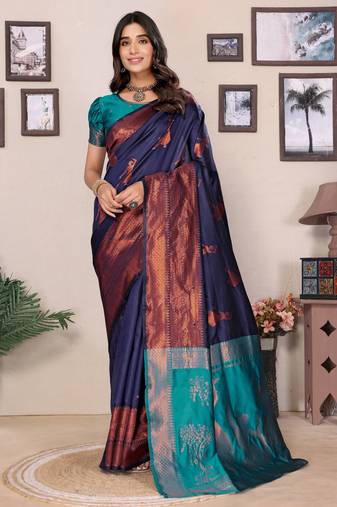 Navy blue soft silk banarasi saree with blouse