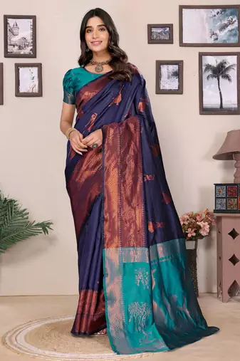 Navy blue soft silk banarasi saree with blouse