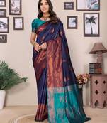 Navy blue soft silk banarasi saree with blouse