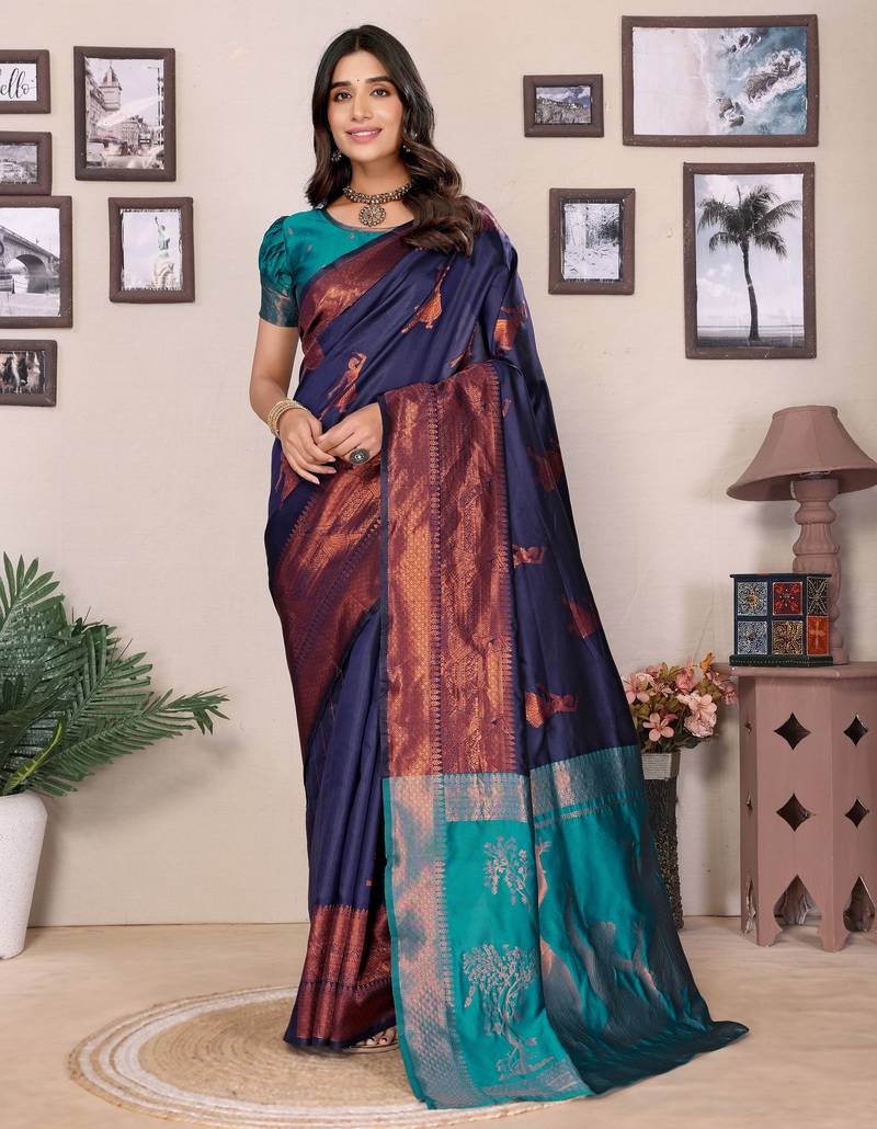 Navy blue soft silk banarasi saree with blouse