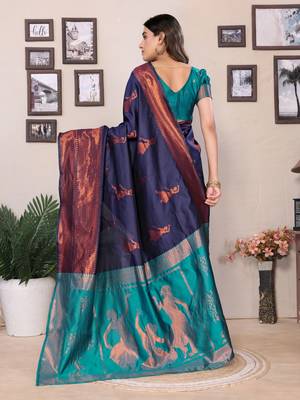 Navy blue silk blend banarasi saree with blouse 3