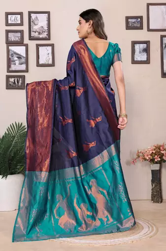 Navy blue silk blend banarasi saree with blouse