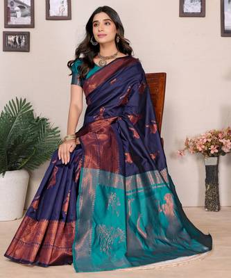 Navy blue silk blend banarasi saree with blouse 4