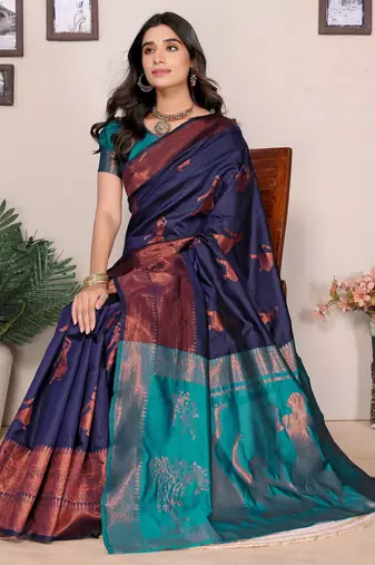 Navy blue silk blend banarasi saree with blouse