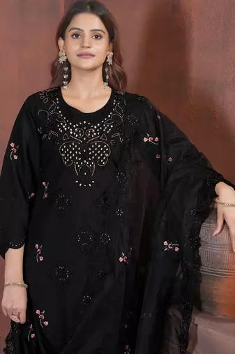Black Color Embroidery with Sequins & Heavy Hand work Viscose Roman Kurti Pent Set