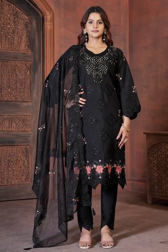 Black Color Embroidery with Sequins & Heavy Hand work Viscose Roman Kurti pant Set