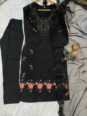 Black Color Embroidery with Sequins & Heavy Hand work Viscose Roman Kurti Pent Set 3