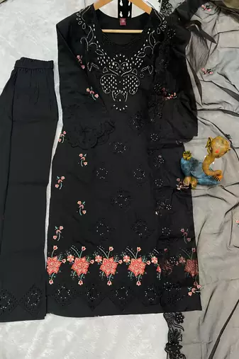 Black Color Embroidery with Sequins & Heavy Hand work Viscose Roman Kurti Pent Set