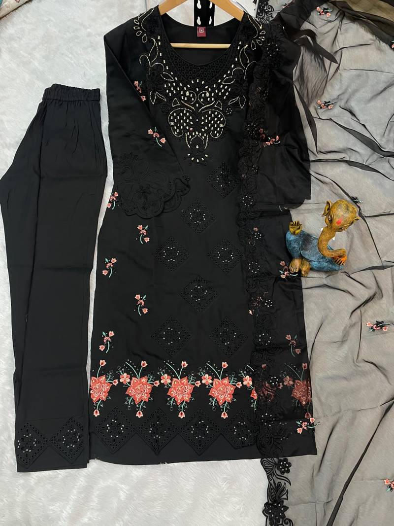 Black Color Embroidery with Sequins & Heavy Hand work Viscose Roman Kurti pant Set
