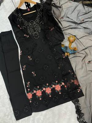 Black Color Embroidery with Sequins & Heavy Hand work Viscose Roman Kurti Pent Set 4