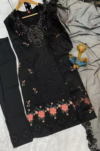 Black Color Embroidery with Sequins & Heavy Hand work Viscose Roman Kurti Pent Set