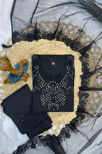 Black Color Embroidery with Sequins & Heavy Hand work Viscose Roman Kurti Pent Set