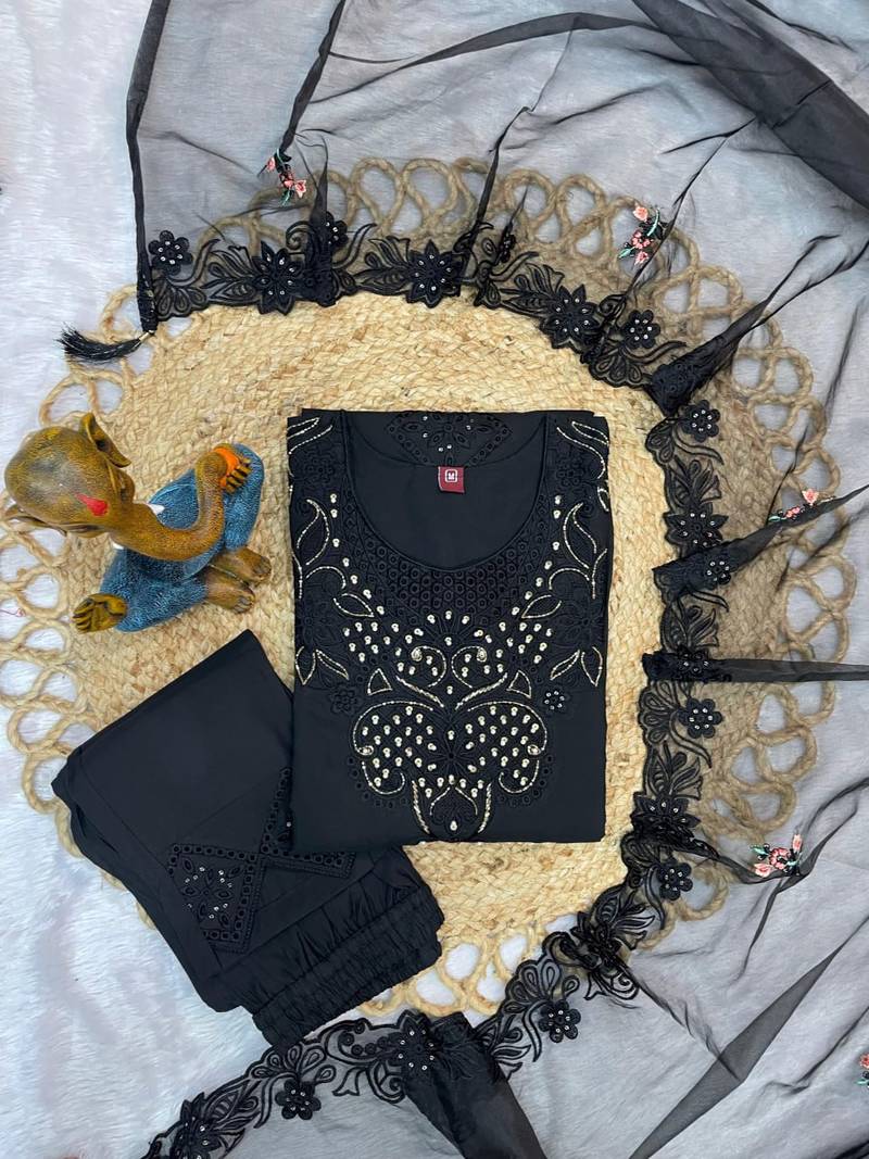 Black Color Embroidery with Sequins & Heavy Hand work Viscose Roman Kurti pant Set