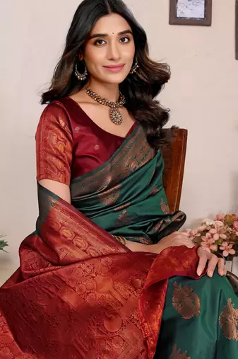 Green silk blend banarasi saree with blouse