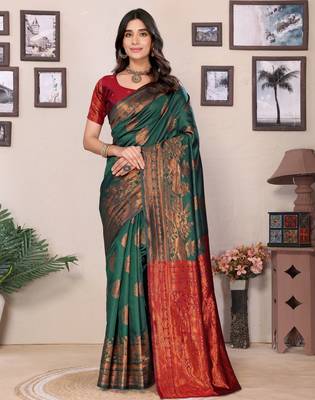 Green silk blend banarasi saree with blouse 1