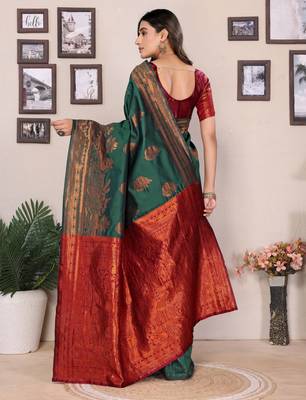 Green silk blend banarasi saree with blouse 3