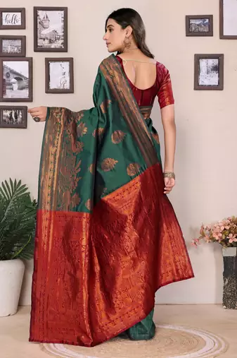 Green silk blend banarasi saree with blouse