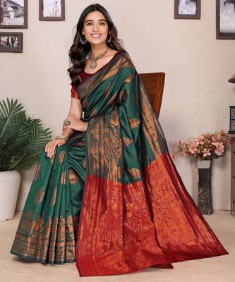 Green silk blend banarasi saree with blouse 4