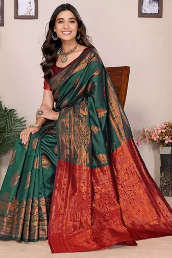 Green silk blend banarasi saree with blouse