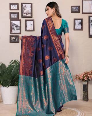 navy blue silk blend banarasi saree with blouse  2