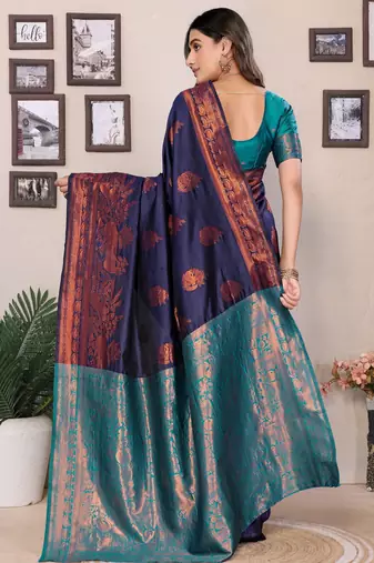navy blue soft art silk banarasi saree with blouse 