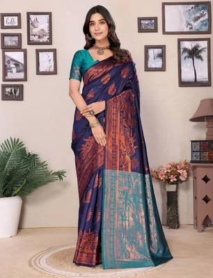 navy blue silk blend banarasi saree with blouse  4