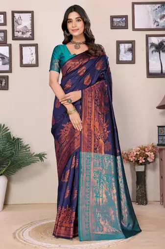 navy blue silk blend banarasi saree with blouse 