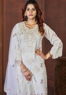 White Color Embroidery with Sequins & Heavy Hand work Viscose Roman Kurti Pent Set 2