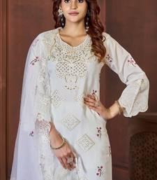White Color Embroidery with Sequins & Heavy Hand work Viscose Roman Kurti pant Set