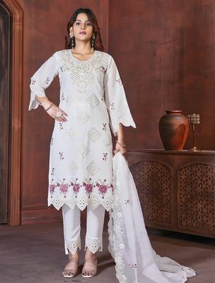 White Color Embroidery with Sequins & Heavy Hand work Viscose Roman Kurti Pent Set 1