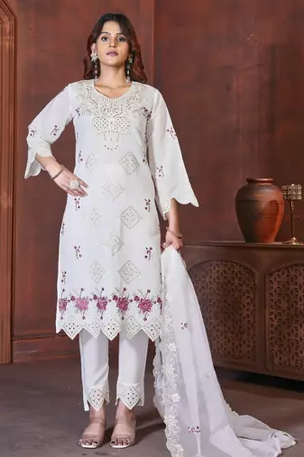 White Color Embroidery with Sequins & Heavy Hand work Viscose Roman Kurti pant Set