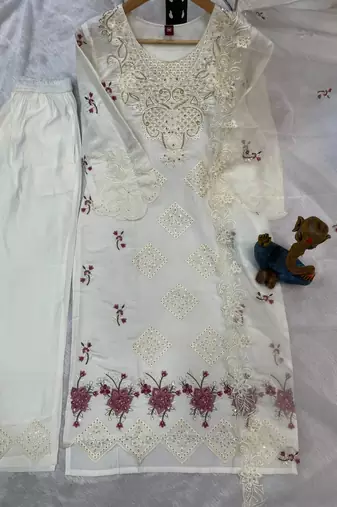 White Color Embroidery with Sequins & Heavy Hand work Viscose Roman Kurti Pent Set