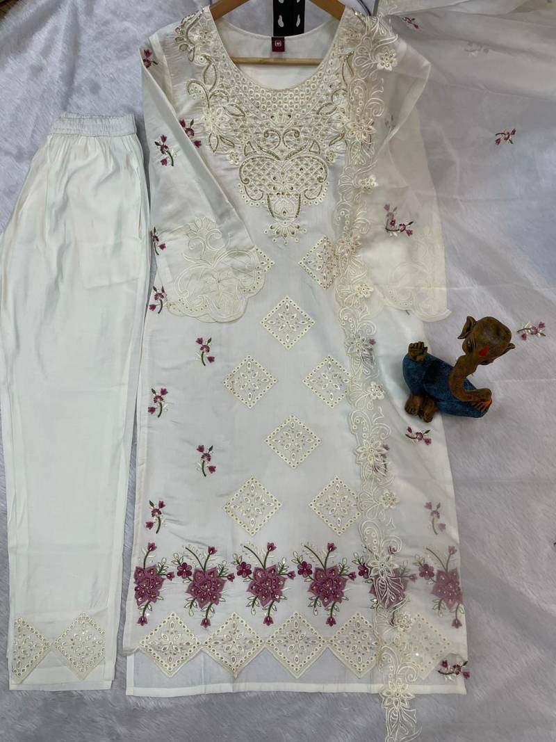 White Color Embroidery with Sequins & Heavy Hand work Viscose Roman Kurti pant Set