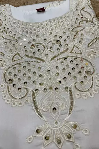 White Color Embroidery with Sequins & Heavy Hand work Viscose Roman Kurti Pent Set