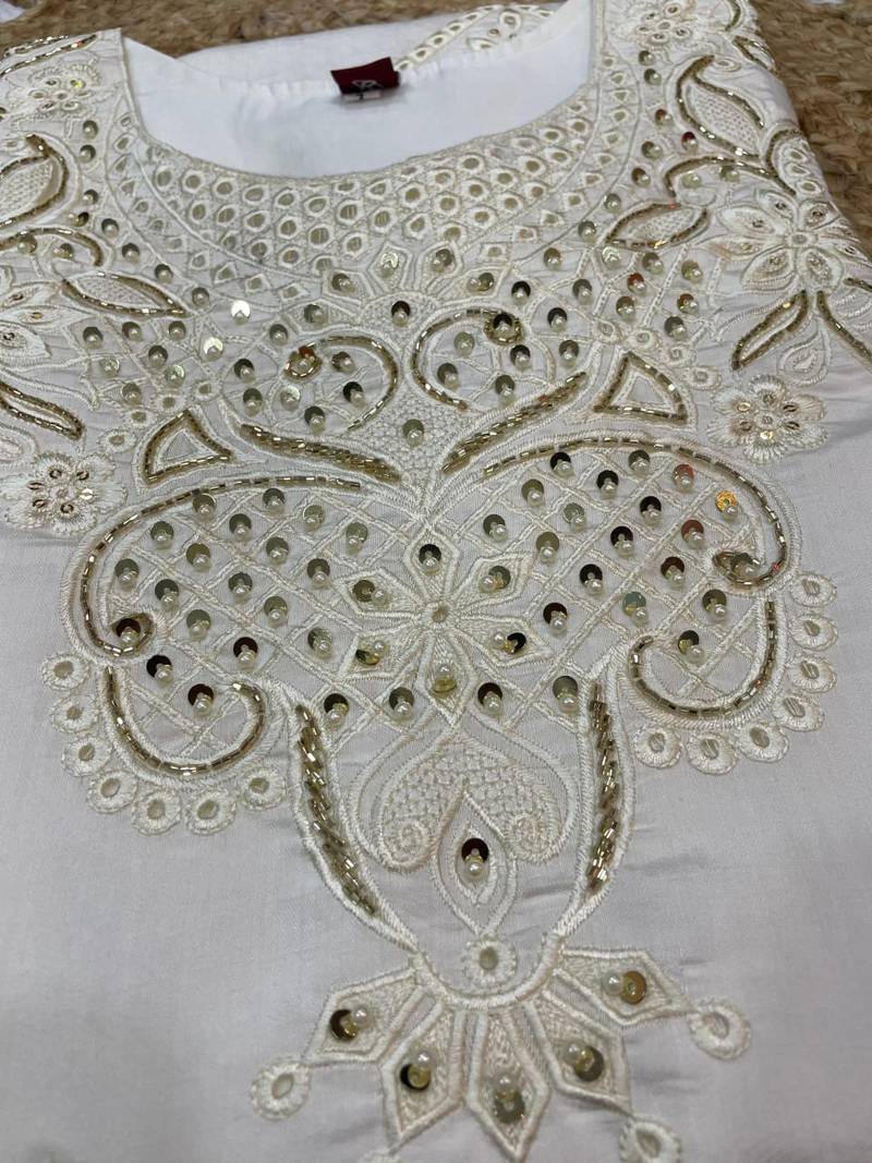 White Color Embroidery with Sequins & Heavy Hand work Viscose Roman Kurti pant Set
