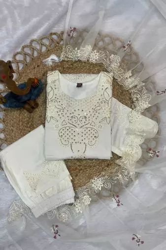 White Color Embroidery with Sequins & Heavy Hand work Viscose Roman Kurti Pent Set