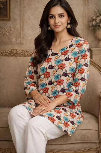  floral digital print muslin silk tunic / stylish short kurti for grilish