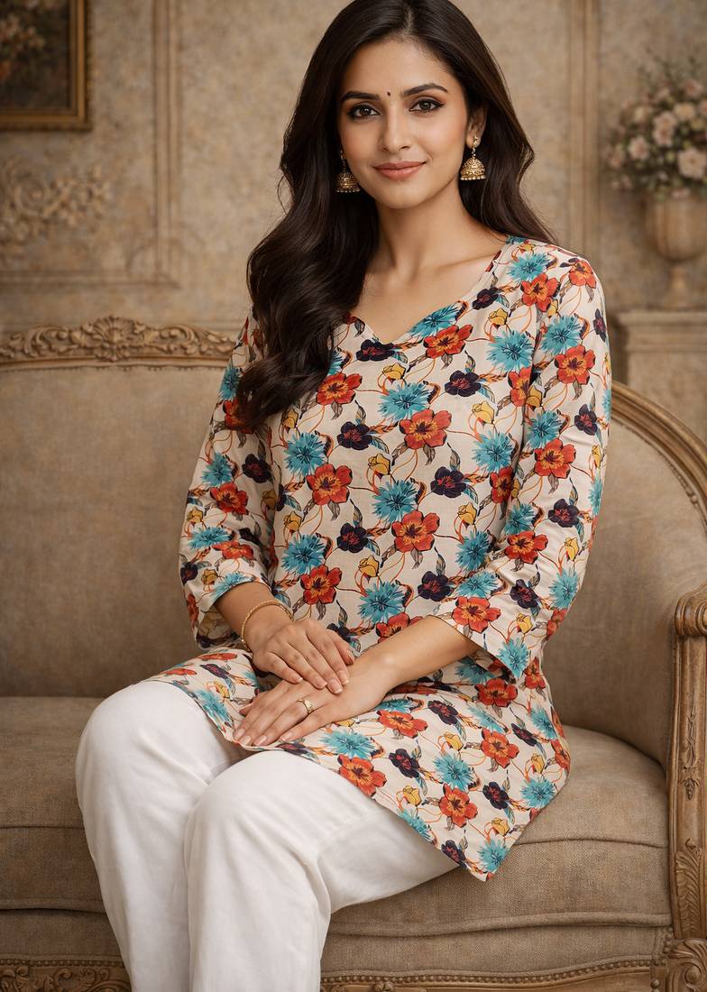 Trending floral digital print muslin silk tunic / stylish short kurti for grilish