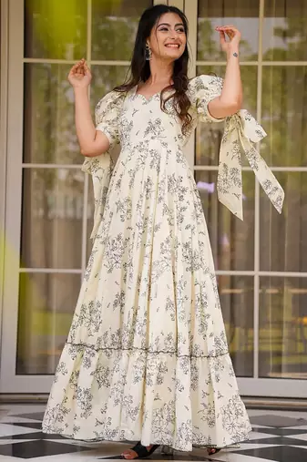 Cream rayonprinted anarkali suit
