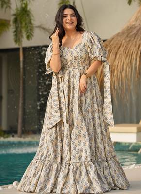 Cream with dark grey rayon printed anarkali suit 1