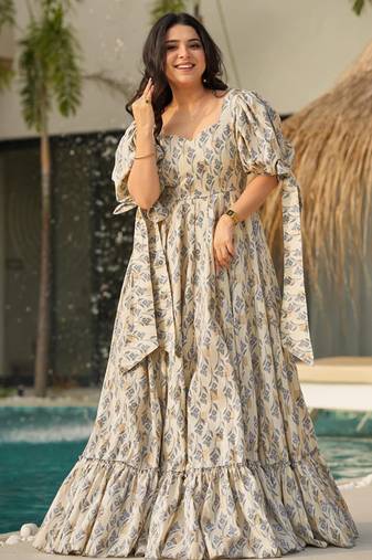 Cream with dark grey rayon printed anarkali suit