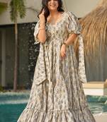 Cream with dark grey rayon printed anarkali suit