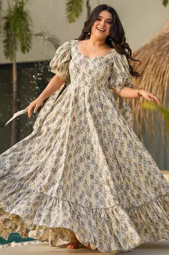 Cream with dark grey rayon printed anarkali suit